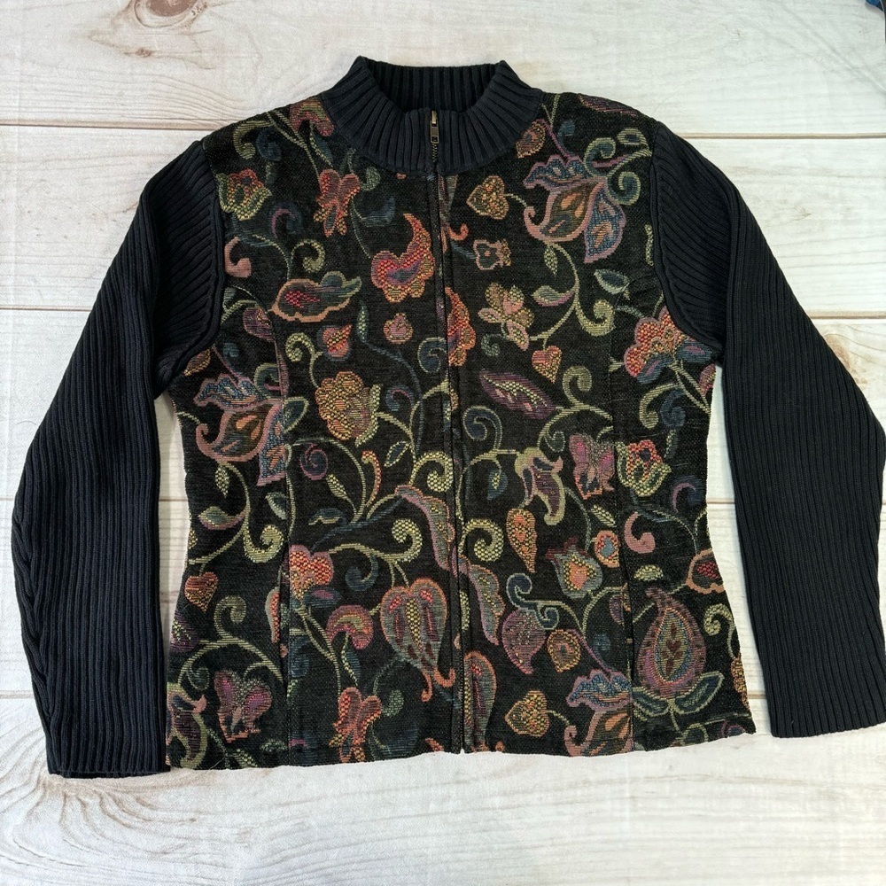 Christopher & Banks Black Ribbed w Jewel Tone Jacquard Floral Zip Front Cardigan - Picture 3 of 12